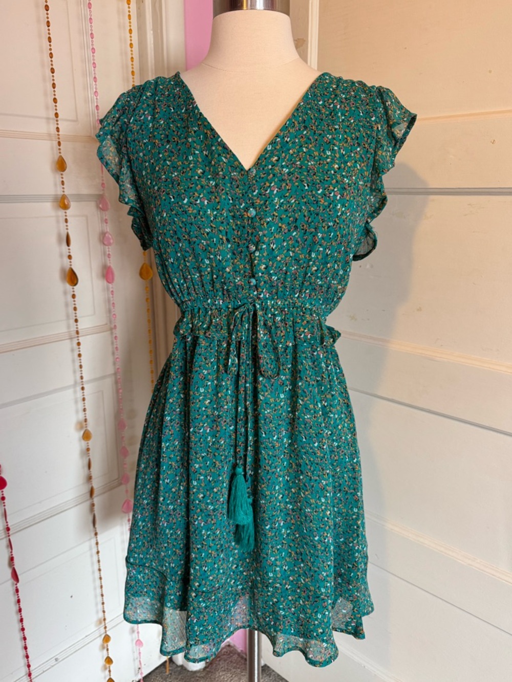 Trinhnology Teal Floral Mini Dress Medium Flutter Sleeve Tassel Tie